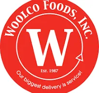 Red circular Woolco Foods logo with white W